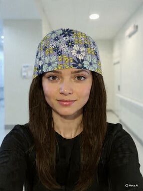 Floral Cotton Surgical Cap - Blue & Yellow